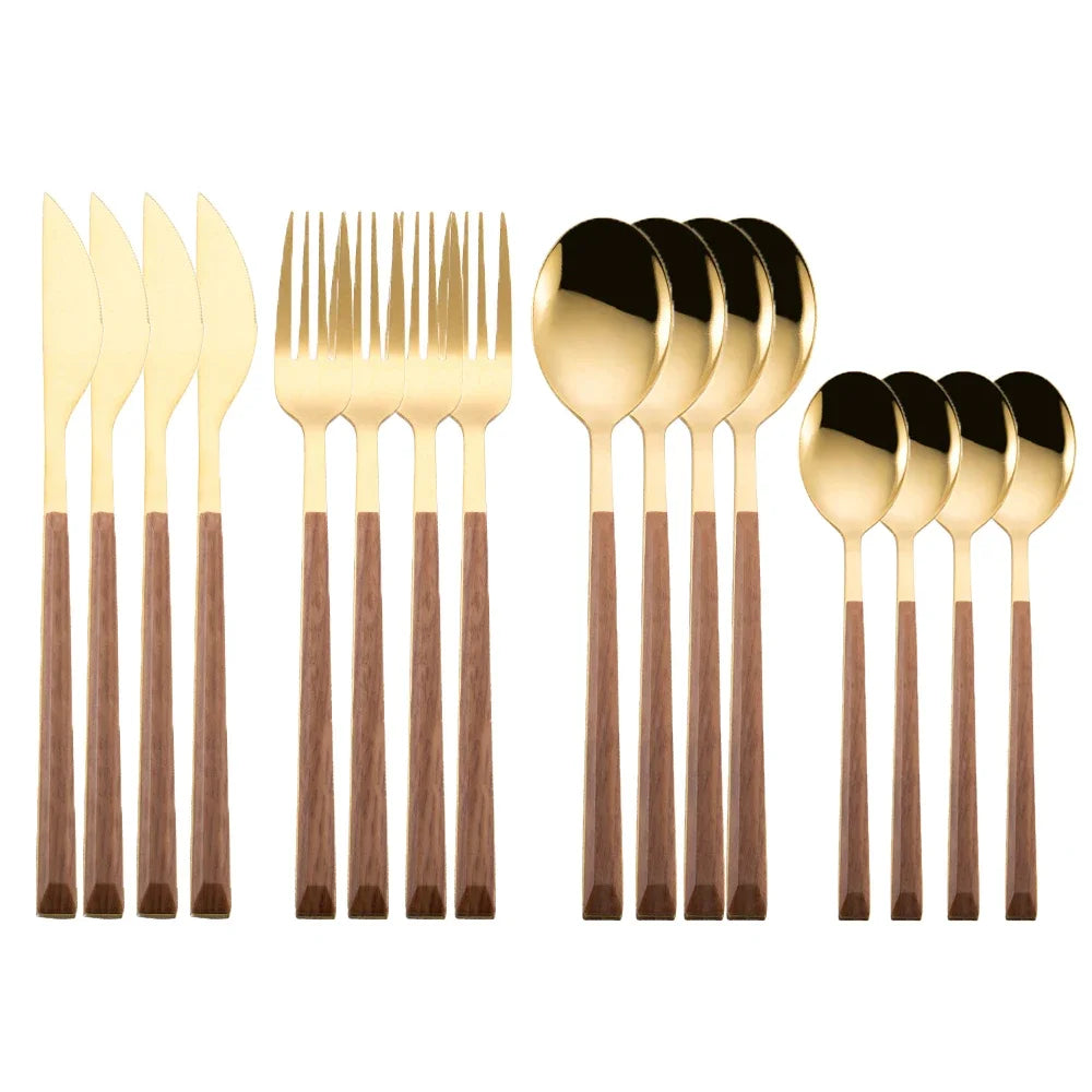 Set Couverts Inox Imitation Bois – Service 16 Pièces Élégant avec poignées en bois et finition dorée brillante
