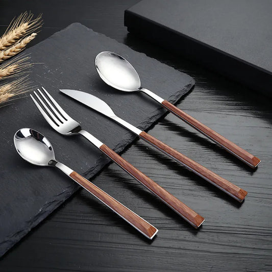 Set Couverts Inox Imitation Bois – Service 16 Pièces Élégant avec des poignées en bois pour un dîner raffiné