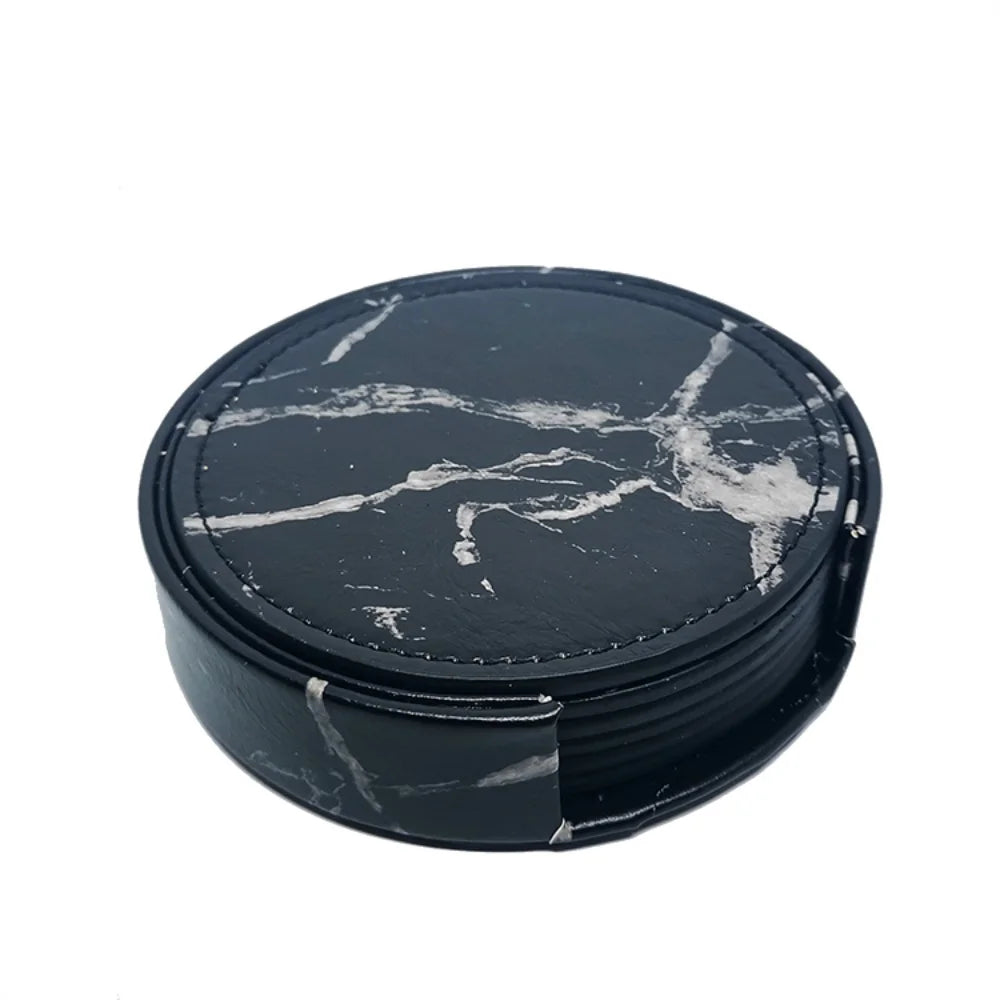 Set de 6 Dessous de Verre en similicuir avec Support, design marbré noir pour protéger vos surfaces
