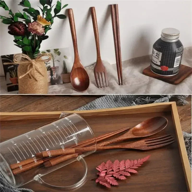 Set de Couverts en Bois 3 Pièces – Cuillère, Fourchette, Baguettes en bois naturel avec vase décoratif