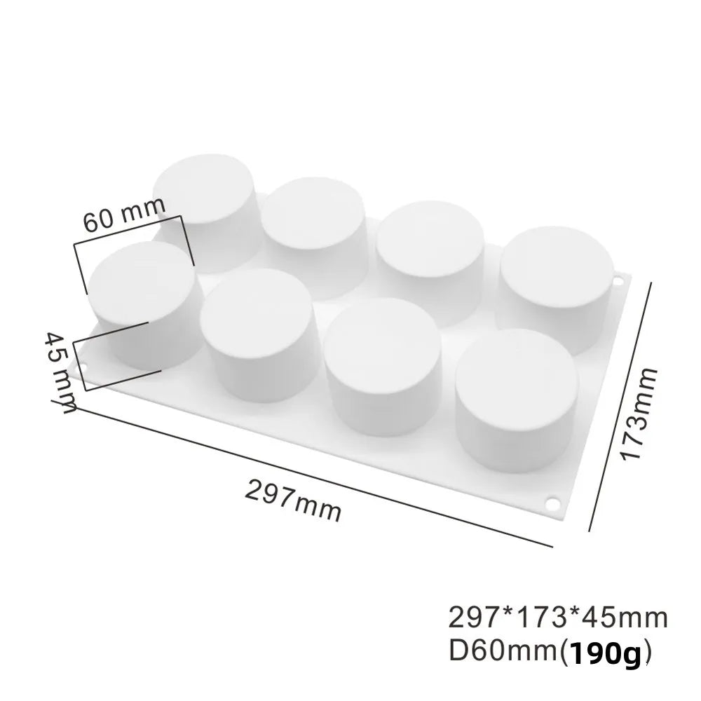 Moule Silicone 3D Antiadhésif blanc pour pâtisserie avec 8 cavités cylindriques et dimensions détaillées