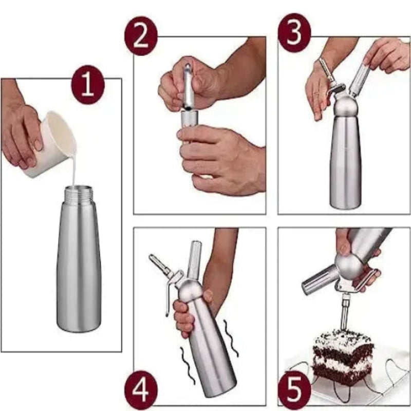 Siphon à Chantilly en Inox – 250 ou 500 ml avec instructions en images pour préparer de la crème fouettée