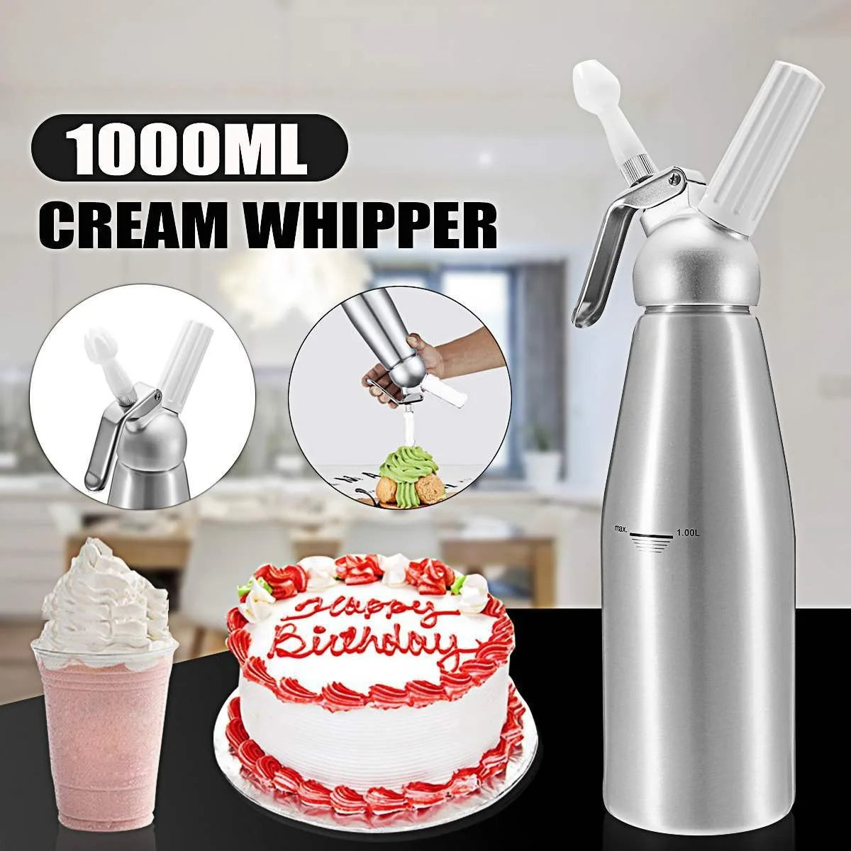 Siphon à Chantilly Inox 500/1000ml – Résultat Professionnel avec cake d'anniversaire et crème fouettée