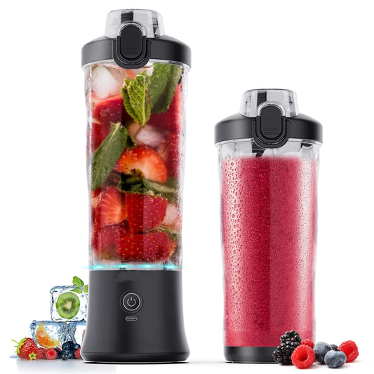 Blender Portable, Rechargeable, LED, Graduations Ustensile de chef deux gobelets noirs avec fraises, menthe et smoothie