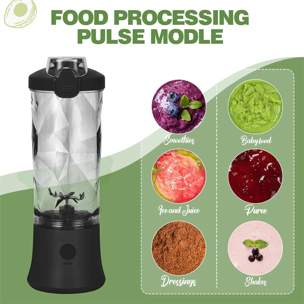 Blender Portable, Rechargeable, LED, Graduations, mixeur transparent base noire avec smoothies, purée et sauces