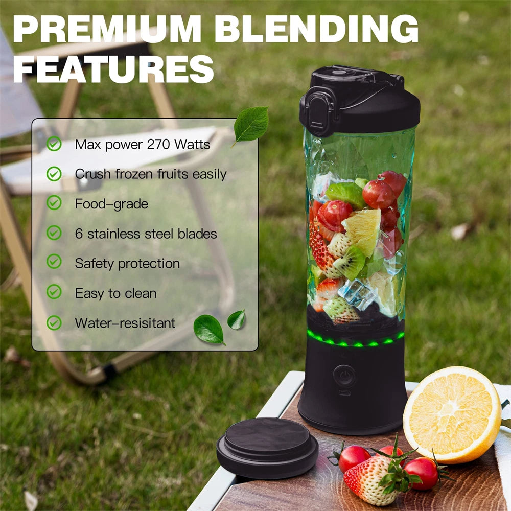 Blender Portable, Rechargeable, LED, Graduations Ustensile de chef noir avec fruits coupés et anneau LED vert en extérieur