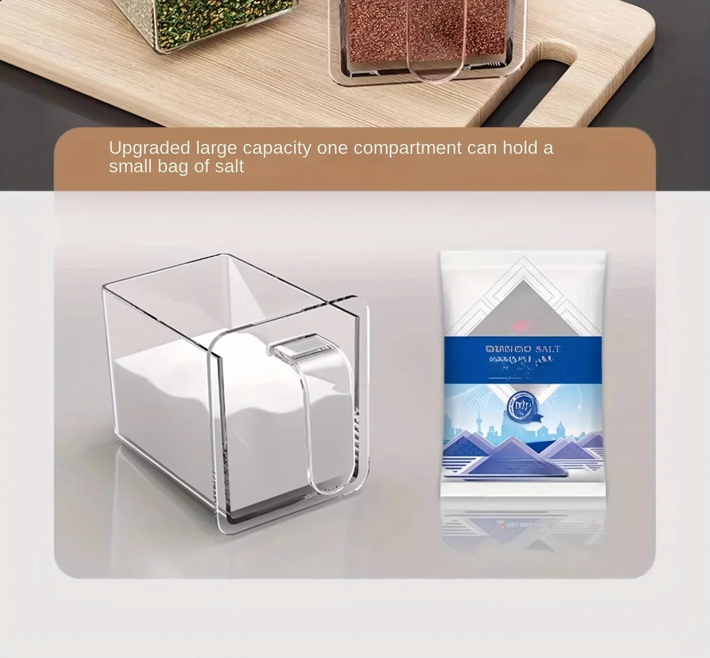 Étagère à épices murale alu – Rangement malin sans perçage. Conteneur transparent un compartiment pour sachet de sel