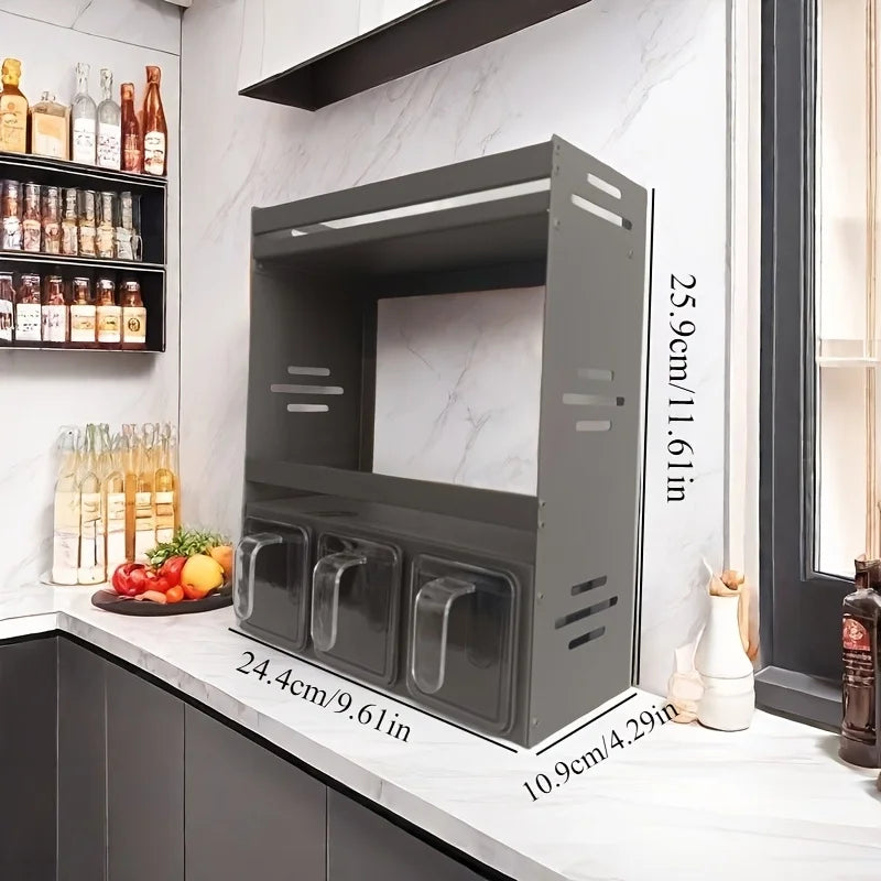 Étagère à épices murale alu – Rangement malin sans perçage. Ustensile de chef, 3 distributeurs transparents pour condiments