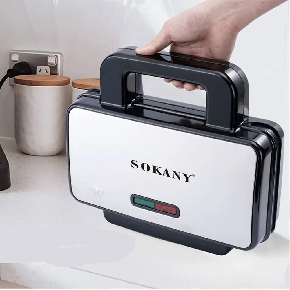 Gaufrier Compact 1000W – Cuisson Facile et Sécurisée avec poignée portable et design élégant noir et argent