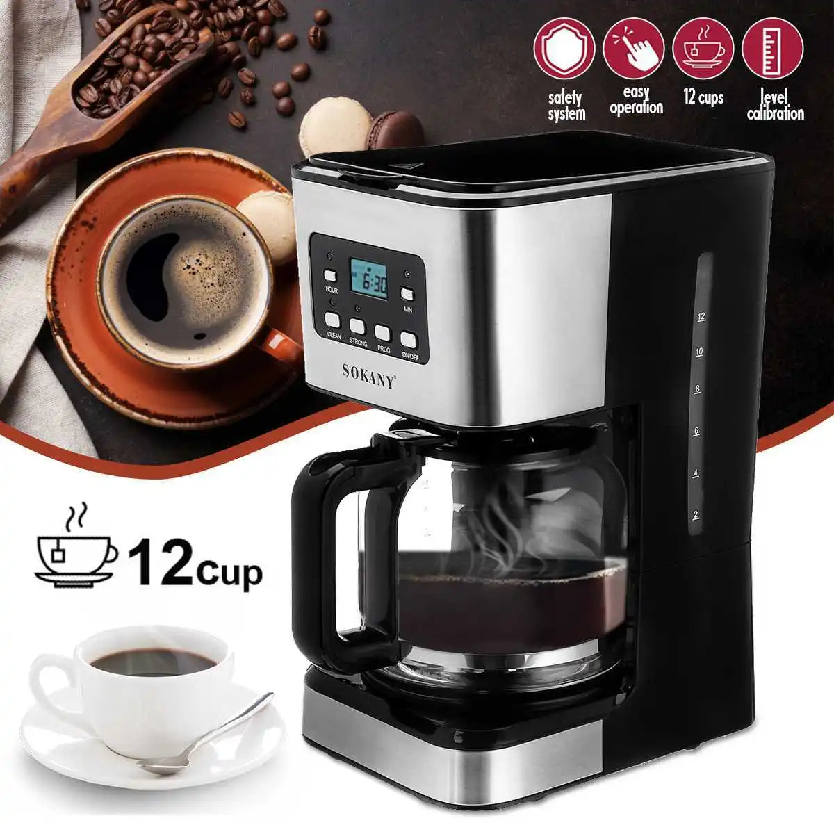 Machine Café Inox Programmable 12 Tasses – Timer 24h avec carafe en verre et écran digital