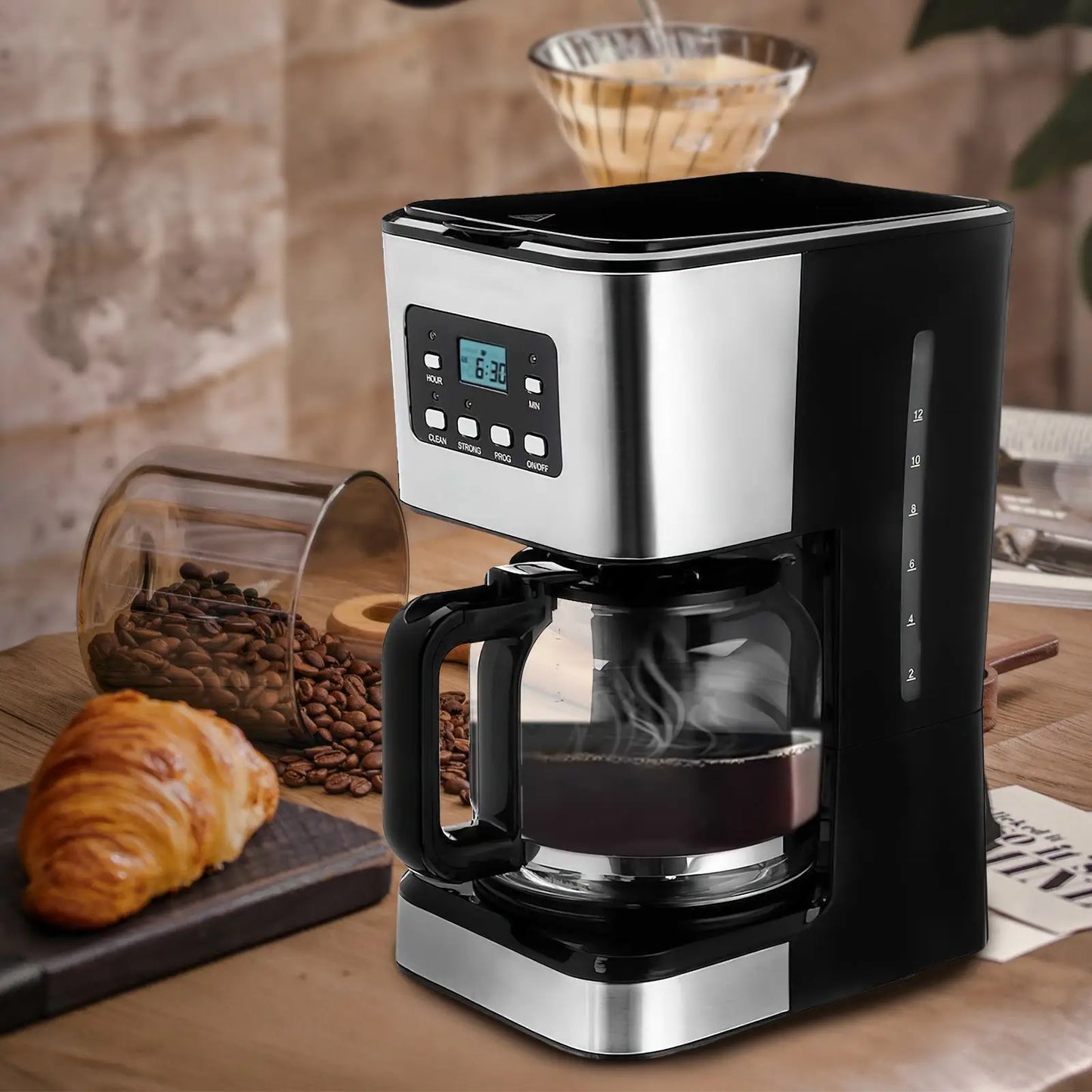 Machine Café Inox Programmable 12 Tasses – Timer 24h avec cafetière en verre et boutons de contrôle numériques