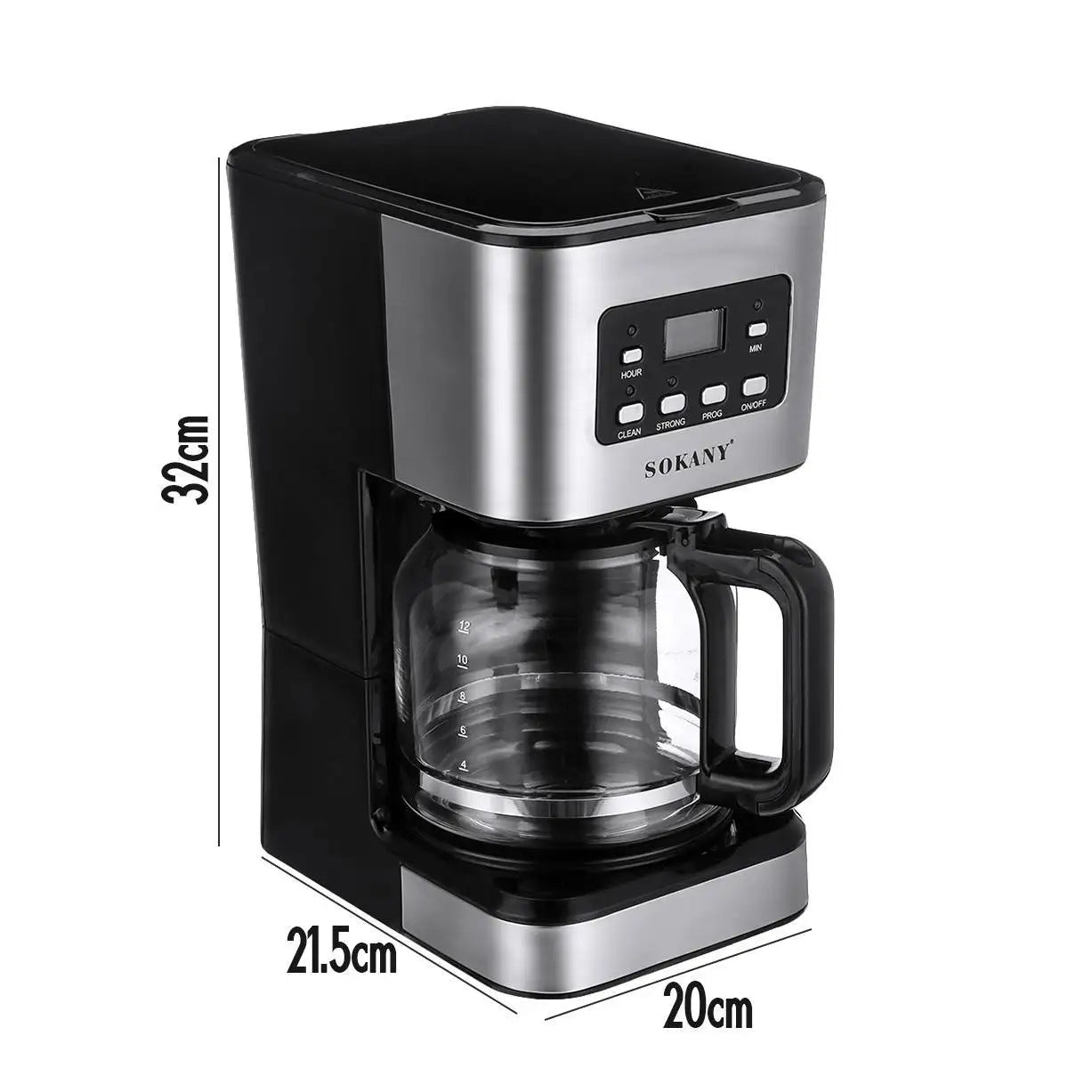 Machine Café Inox Programmable 12 Tasses – Timer 24h avec carafe en verre et panneau de commande numérique