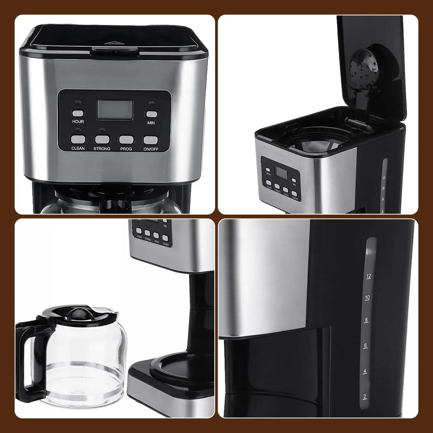 Machine Café Inox Programmable 12 Tasses – Timer 24h avec carafe en verre et panneau de contrôle numérique