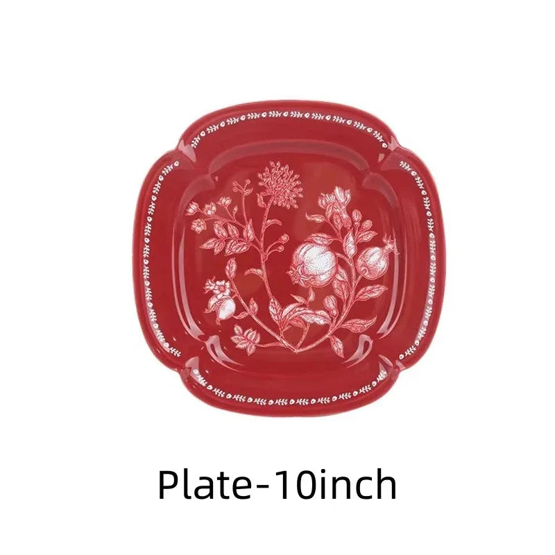 Bol et Assiette en Céramique SOLECASA, assiette carrée rouge de 10 pouces avec motif floral délicat