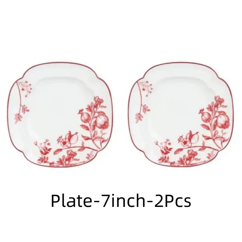 Set de 2 assiettes carrées en céramique blanche avec motifs floraux, Bol et Assiette en Céramique SOLECASA