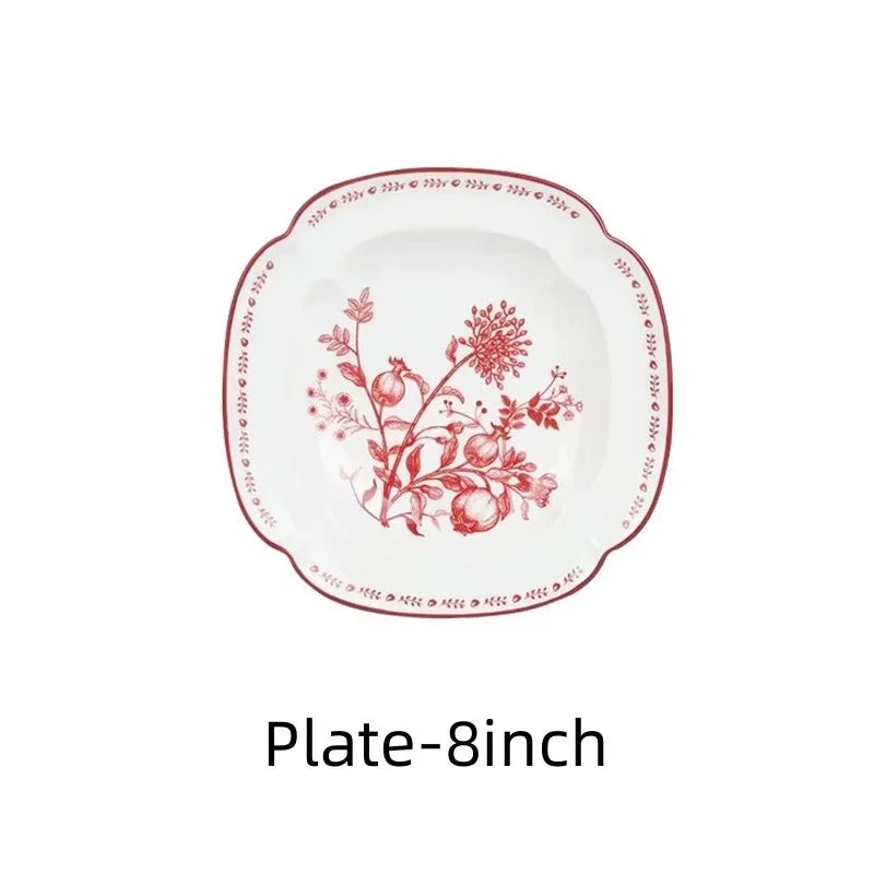 Bol et Assiette en Céramique SOLECASA design floral 8 pouces avec délicates décorations rouges
