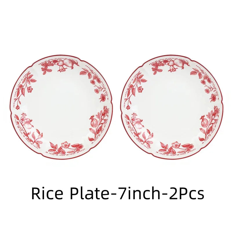 Bol et Assiette en Céramique SOLECASA, assiettes blanches décorées de motifs floraux rouges