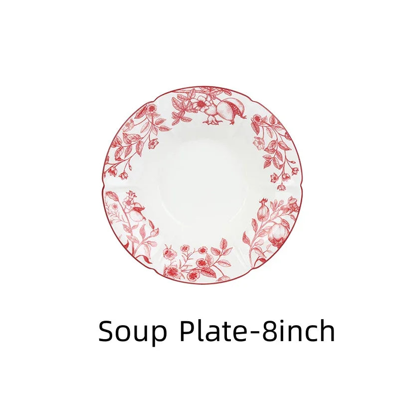 Bol et Assiette en Céramique SOLECASA avec motif floral rouge sur le bord, idéal pour servir des soupes