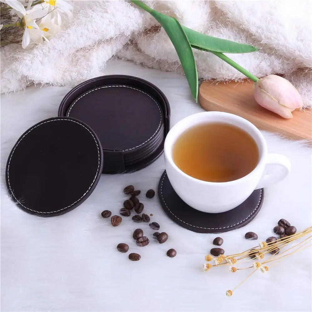 Sous-verres en Cuir Lot de 6 Imperméables 10 cm, parfaits pour protéger vos surfaces de boissons chaudes