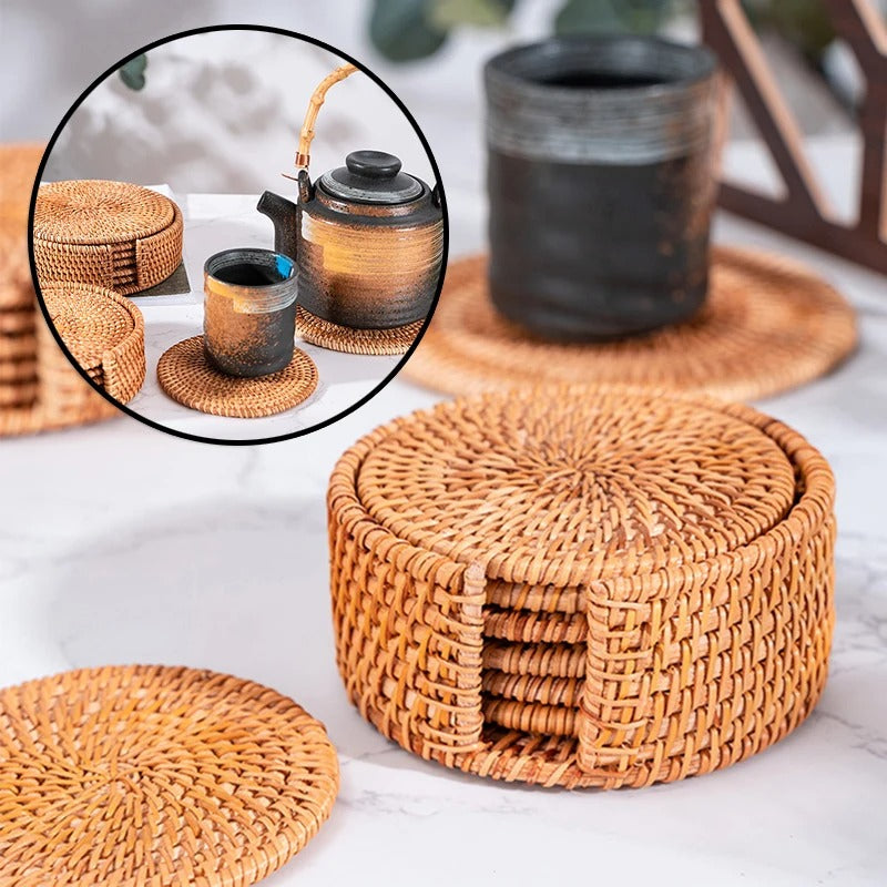 Sous-verres Rotin 8‑10 cm avec Boîte Protège Table & Verres, accessoires de cuisine en rotin