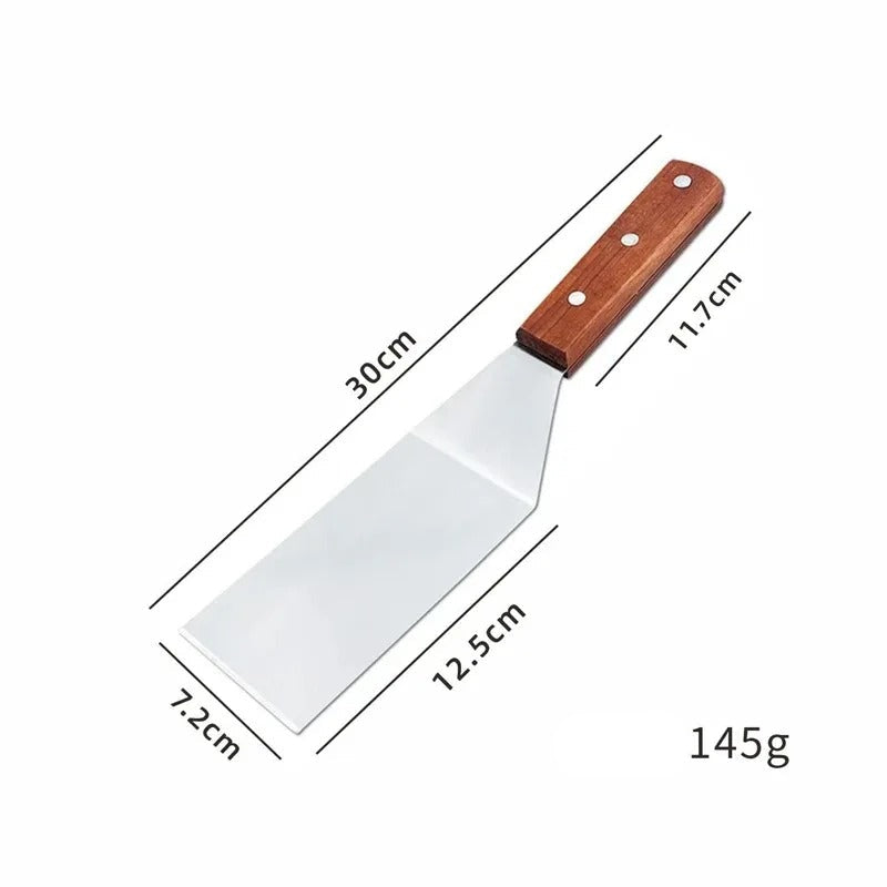 Spatule inox avec manche en bois, dimensions 30cm x 12,5cm, idéale pour les chefs cuisiniers