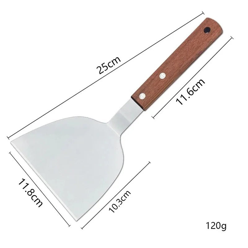 Spatule inox avec manche en bois de 25 cm, idéale pour la cuisson et la préparation des aliments.