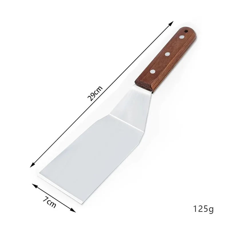 Spatule inox avec manche en bois de 29 cm, idéale pour la cuisson et la cuisine