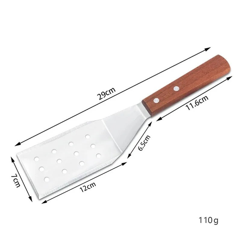 Spatule inox avec manche en bois résistante de 29 cm pour cuisine et barbecue
