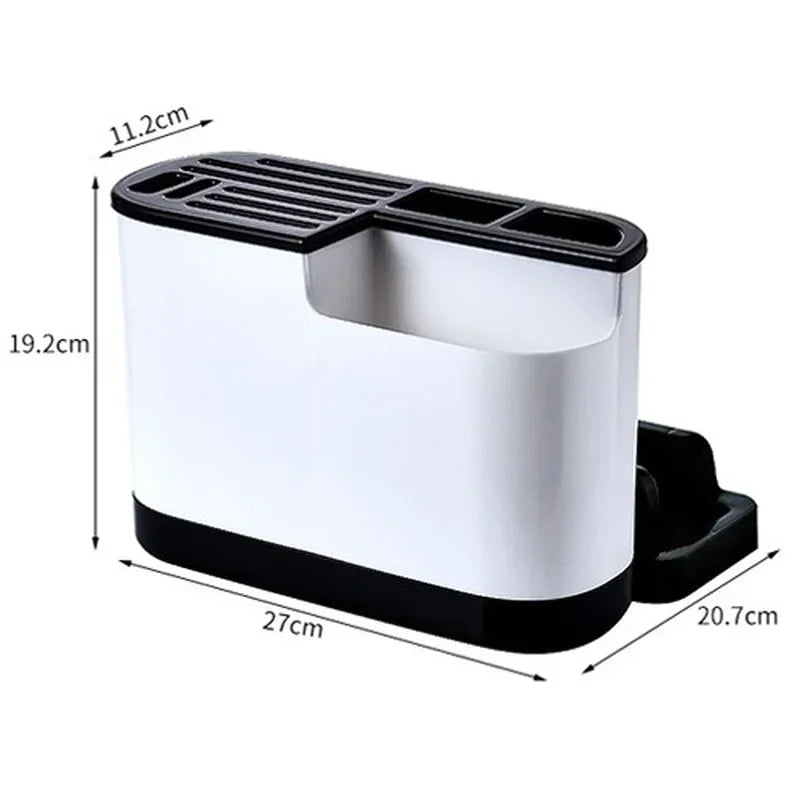Support ustensiles cuisine multifonction en PP écologique blanc noir avec compartiments égouttoir pour éponges et couverts