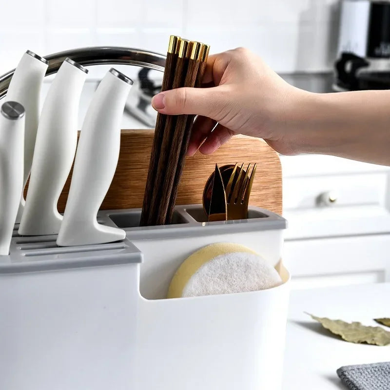 Support ustensiles cuisine multifonction en PP écologique organisateur blanc pour couteaux spatules couverts et éponge