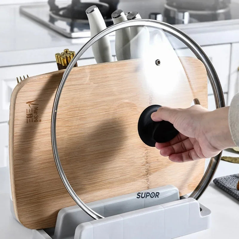 Support ustensiles cuisine multifonction en PP écologique pour planche à découper couvercle et ustensiles main plaçant le couvercle