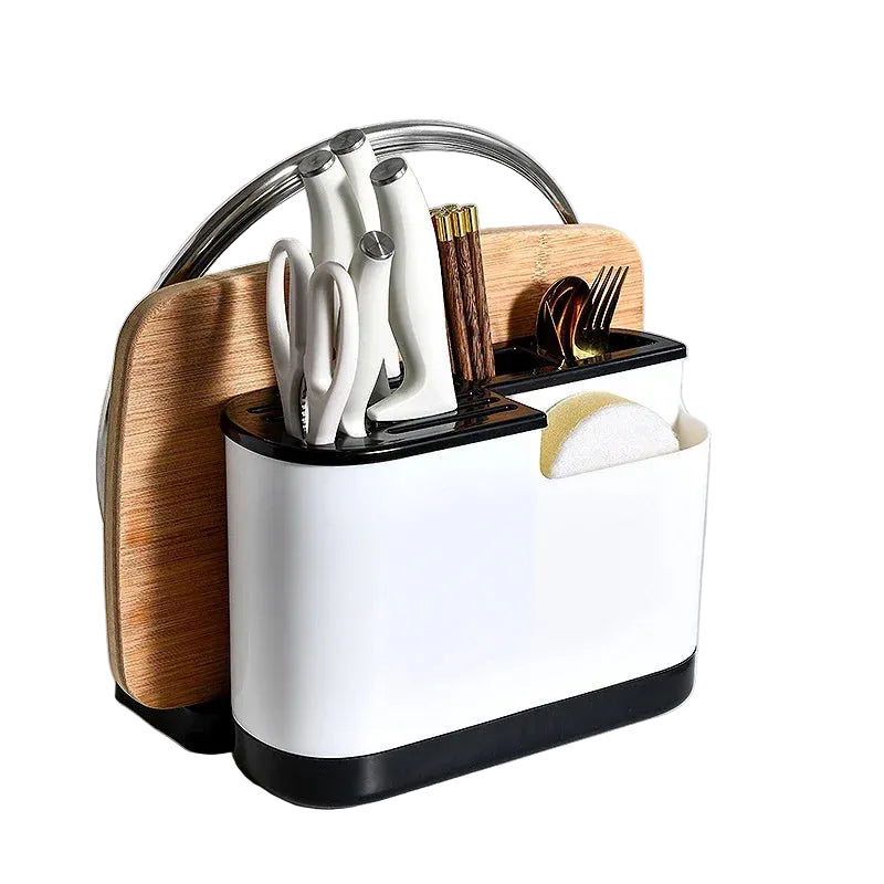Support ustensiles cuisine multifonction en PP écologique organisateur blanc noir pour couteaux couverts planche et éponge