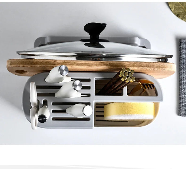Support ustensiles cuisine multifonction en PP écologique gris pour couvercle planche spatules cuillères éponge