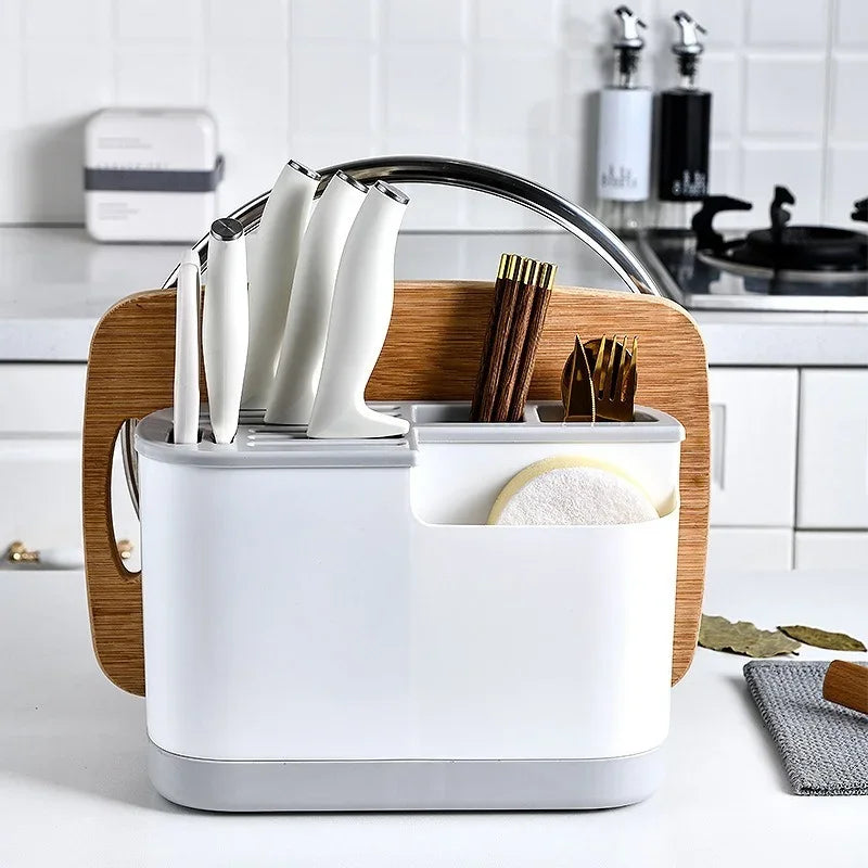 Support ustensiles cuisine multifonction en PP écologique porte ustensiles blanc avec couteaux baguettes éponge et planche