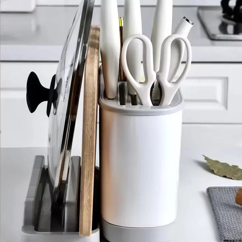 Support ustensiles cuisine multifonction en PP écologique rangement pour couvercles et pot blanc avec couteaux et ciseaux