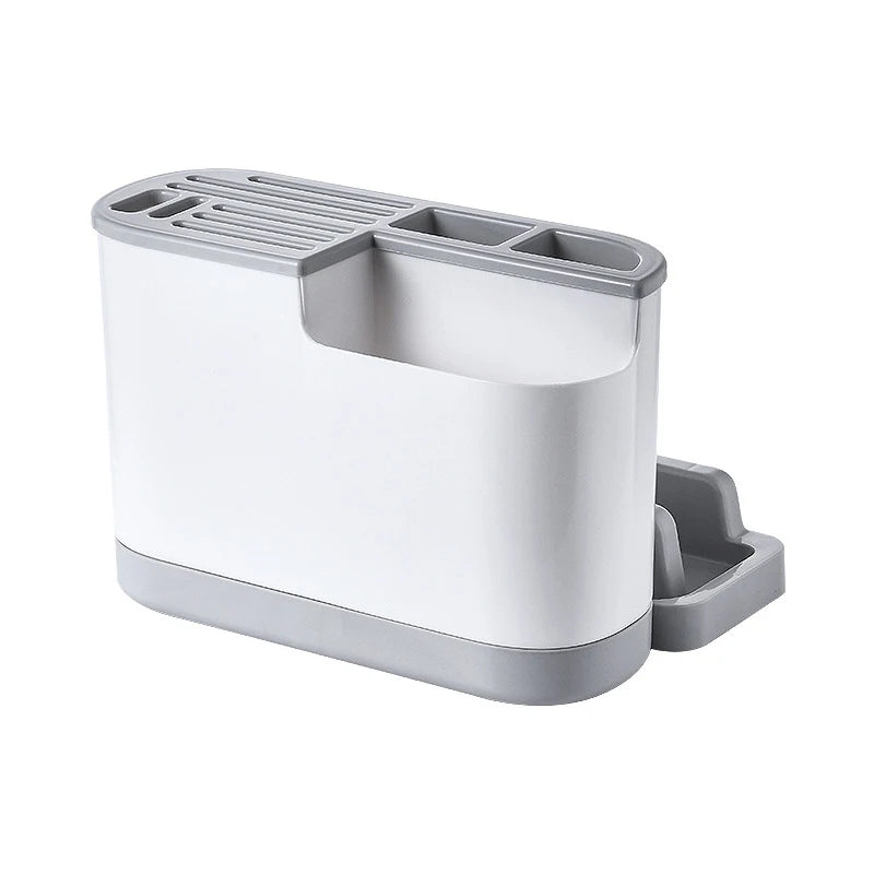 Support ustensiles cuisine multifonction en PP écologique blanc et gris avec compartiments et égouttoir compact