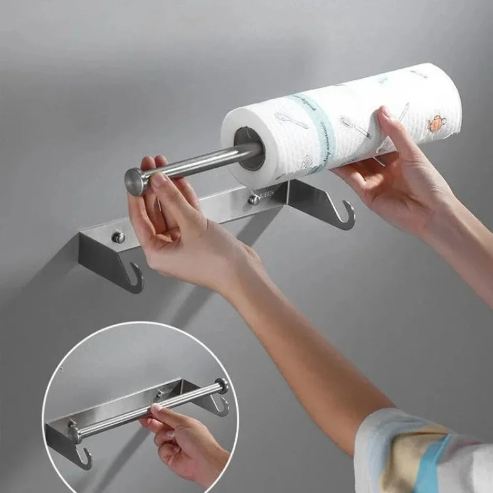 Support mural essuie-tout – Rangement pratique cuisine acier inox, barre amovible et crochets, mains retirant rouleau