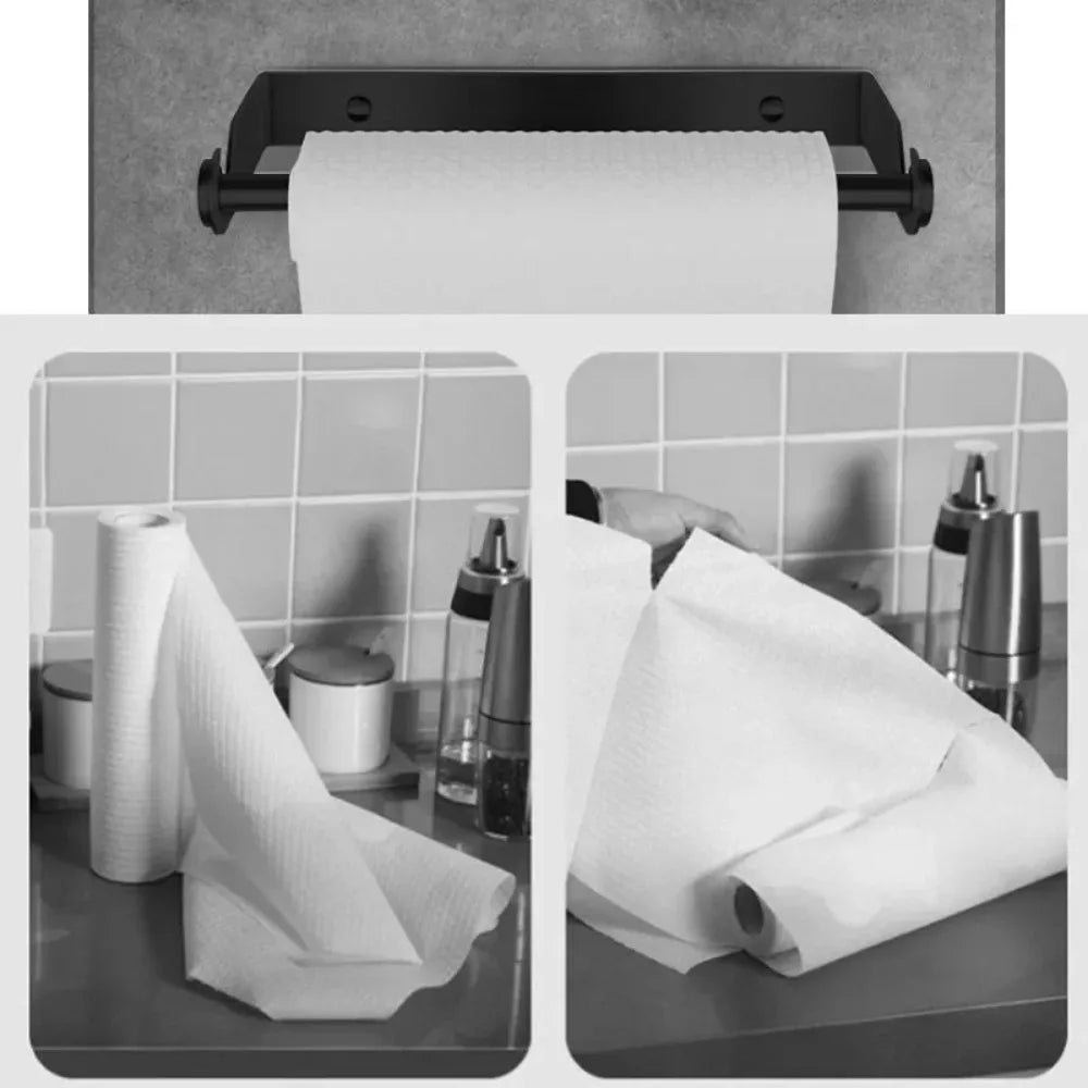 Support mural essuie-tout – Rangement pratique cuisine avec porte-rouleau noir fixé au mur et rouleau blanc