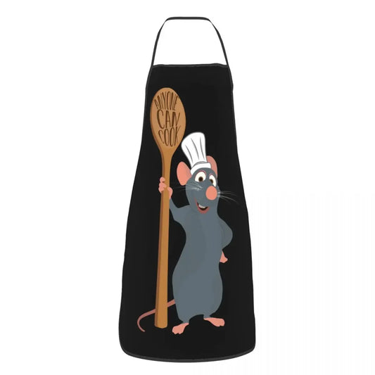 Tablier de Cuisine Imperméable – Protégez vos vêtements avec un tablier noir illustré d'un rat chef tenant une grande cuillère en bois