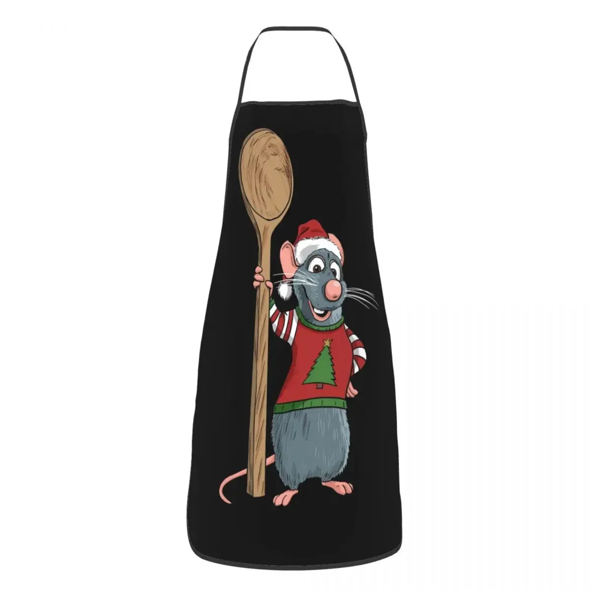 Tablier de Cuisine Imperméable – Protégez vos vêtements avec tablier noir décoré d'un rat portant un pull de Noël et une cuillère en bois