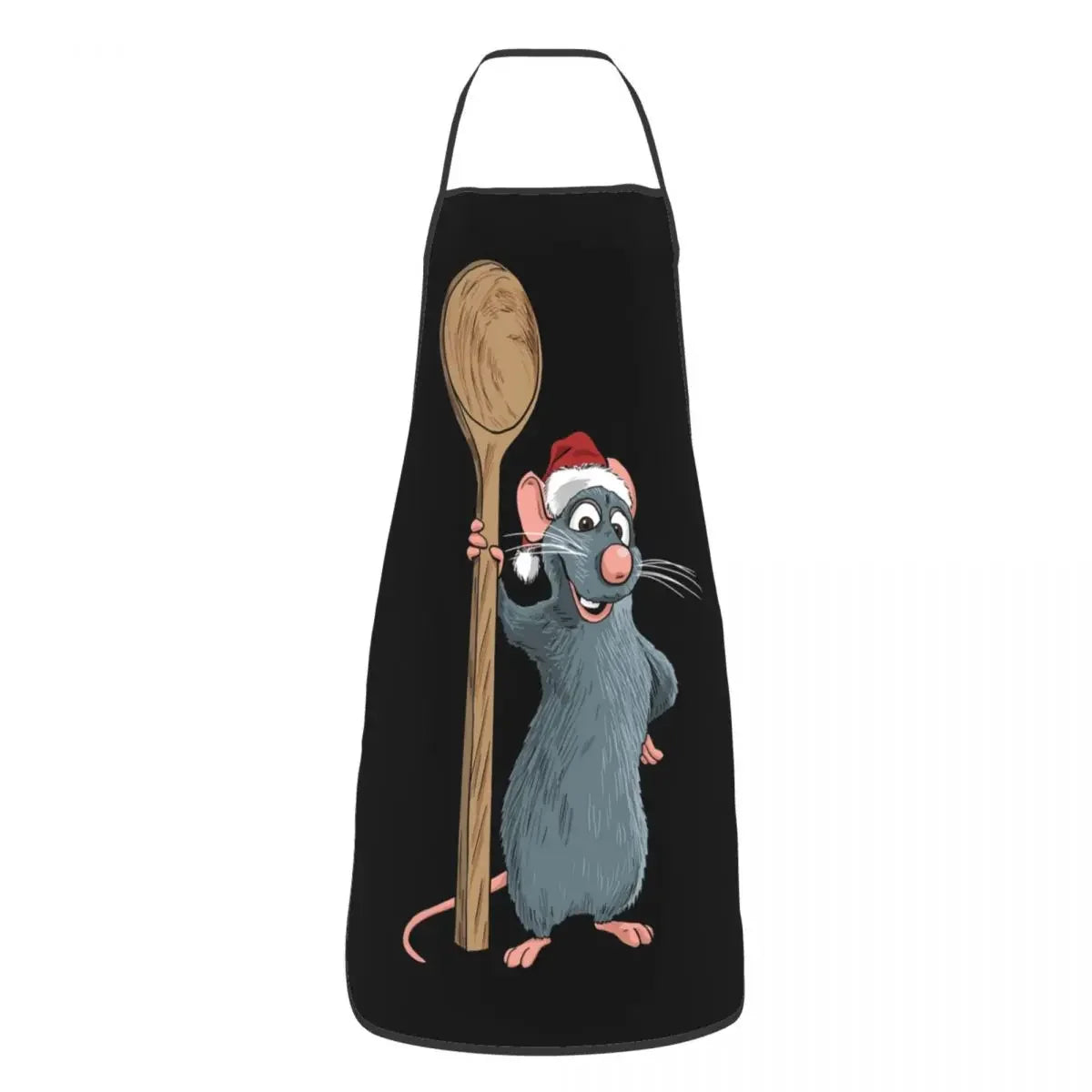 Tablier de Cuisine Imperméable – Protégez vos vêtements avec un tablier noir orné d'une souris portant un bonnet de Noël tenant une cuillère en bois
