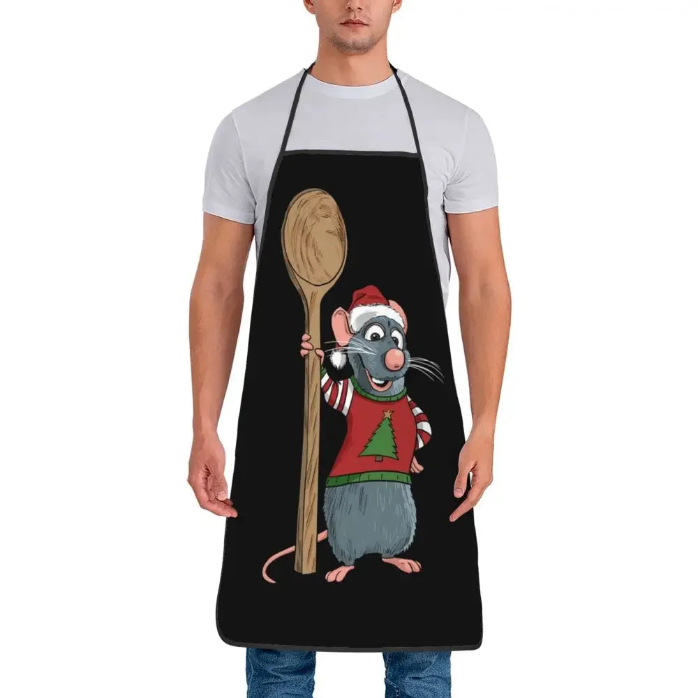 Tablier de Cuisine Imperméable – Protégez vos vêtements avec ce tablier noir décoré d'une souris de dessin animé tenant une cuillère en bois