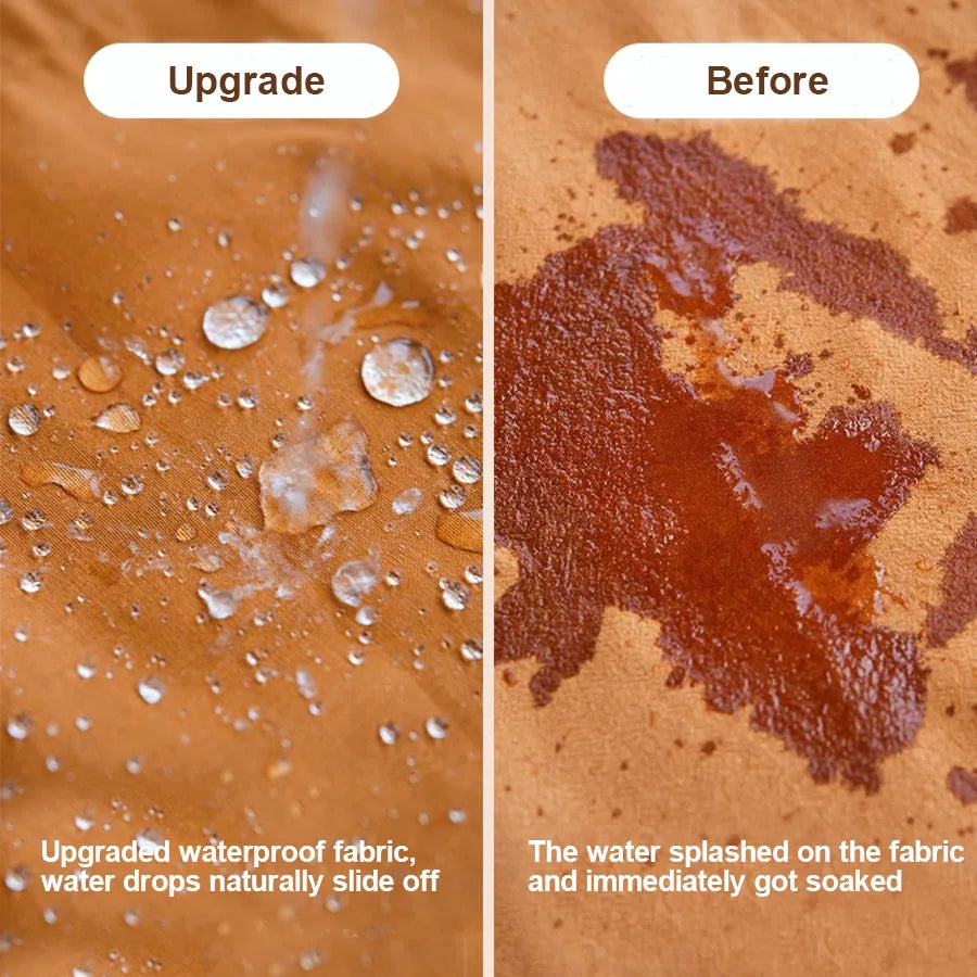 Comparaison avant et après avec tissu imperméable montrant l'efficacité du tablier long imperméable femme – Élégant et confortable