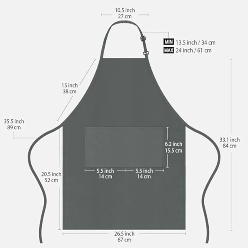 Tablier professionnel unisexe – Résistant et ajustable en tissu gris avec poches centrales et mesures détaillées