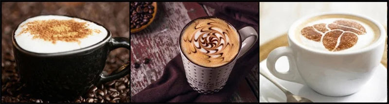 Tasses de café au lait avec dessins en mousse illustrant l'utilisation de Tamiseur Café Inox – Aiguilles Fines pour Espresso Pro