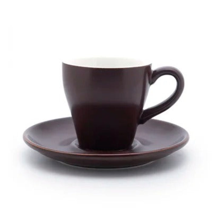 Tasse à café tulipe en céramique avec soucoupe 80 ml en couleur marron, idéale pour servir des boissons chaudes