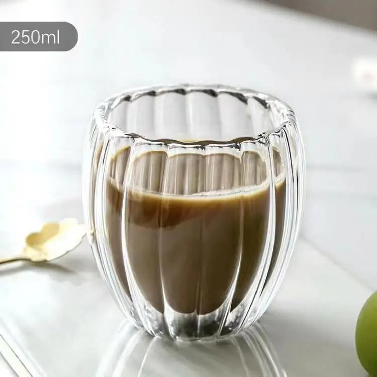 Tasse Double Paroi en Verre avec motif côtelé, idéale pour boissons chaudes et froides de 250ml