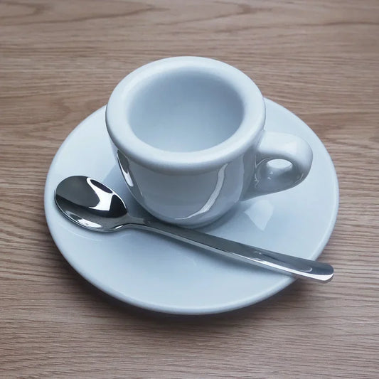 Tasse Espresso Italienne avec Soucoupe – 60ml en céramique blanche avec une cuillère en acier inoxydable