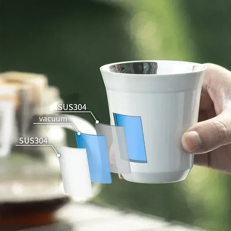 Tasse expresso inox double paroi en main, parfaite pour maintenir la chaleur des boissons