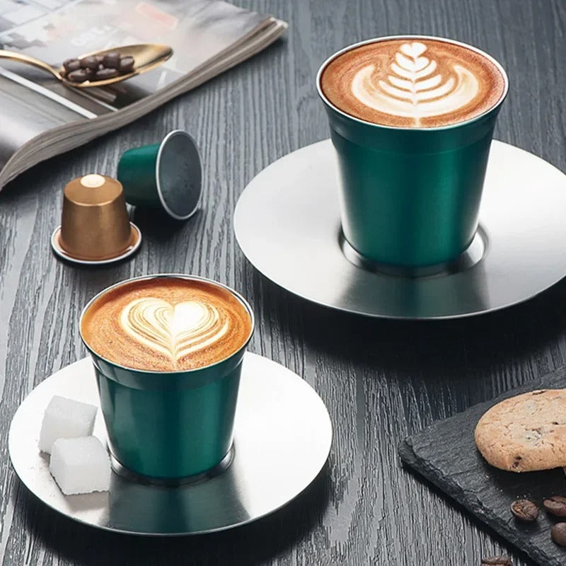 Tasse expresso inox double paroi avec soucoupe, idéale pour le café chaud et moderne